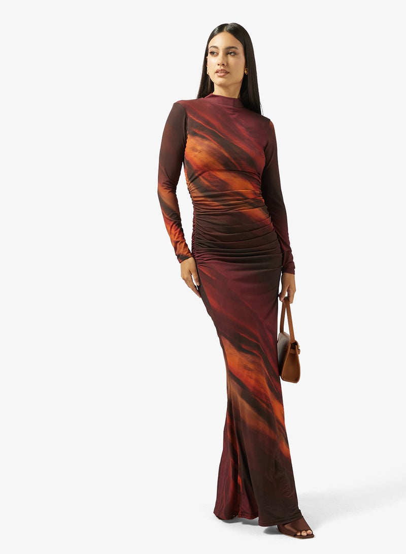 TFNC Printed Shoulder Cutout Neck Tie Long Sleeve Maxi Dress - Image 4